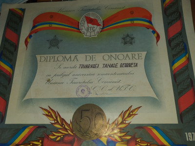 AMS# - DIPLOMA DE ONOARE SEMICENTENARUL UNIUNII TINERETULUI COMUNIST 1922-1972 foto