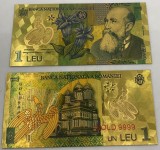 1 LEU + 5 LEI 2005 (REPLICA/REPRODUCERE) POLIMER (PLASTIC) PLACATA CU AUR DE 24K
