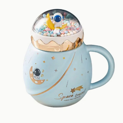 Cana cu capac tip ceainic din ceramica Pufo Travel the Space pentru cafea sau ceai, 500 ml, albastru foto