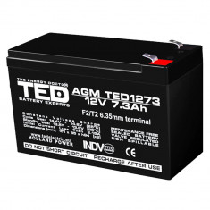 Acumulator 12V, TED Electric, Stationar, VRLA, Dimensiuni 151 x 65 x 95 mm, Baterie 12V 7.3Ah F2