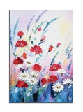 Cumpara ieftin Tablou margarete si maci in camp, pictat manual, 60x40cm ulei pe panza in cutit efect 3D, Valentin Pop
