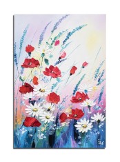Tablou margarete si maci in camp, pictat manual, 60x40cm ulei pe panza in cutit efect 3D, Valentin Pop