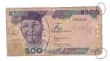 Bancnota Nigeria 500 naira 2010, circulata, uzata, cu urma de stampila