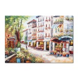 Tablou peisaj citadin pictat manual, Impreuna pe aleea florilor, 100x70cm ulei pe panza, Valentin Pop