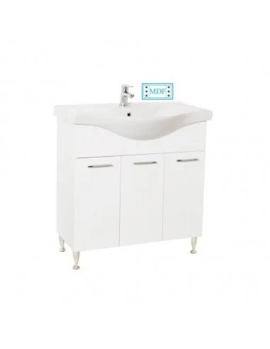 Baza si lavoar ceramic GN1531, mobilier baie stativ 80 cm, front MDF, 3 usi, balamale soft close, picioare cromate reglabile, alb