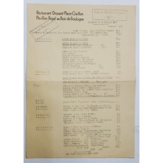 RESTAURANT DROUANT PLACE GAILLON , PAVILION ROYAL AU BOIS DE BOULOGNE , MENIUL ZILEI DE 31 IULIE , 1937