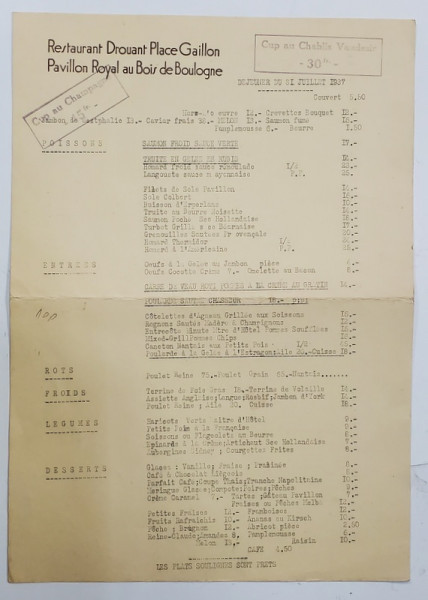 RESTAURANT DROUANT PLACE GAILLON , PAVILION ROYAL AU BOIS DE BOULOGNE , MENIUL ZILEI DE 31 IULIE , 1937