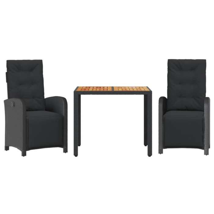 Set bistro cu perne, 3 piese, negru, poliratan