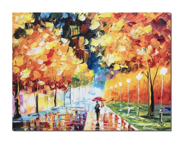 Tablou pictat manual, Tu si eu sub o umbrela, stilizat - 40x30cm ulei in cutit efct 3D, Superb!