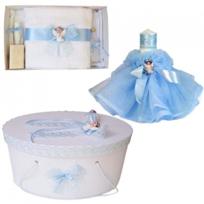 Set dantela trusou botez, cutie trusou si lumanare, Ingeras, decor bleu, foto