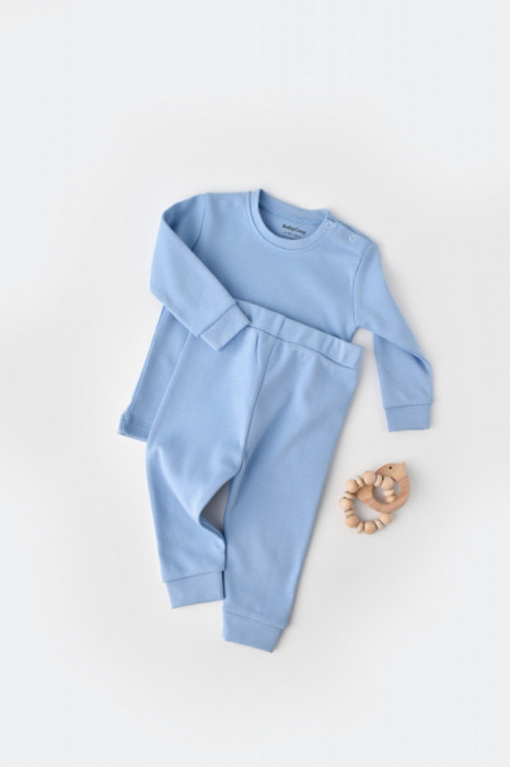 Set bluzita cu maneca lunga si pantaloni lungi - bumbac organic 100% - Bleu, BabyCosy (Marime: 6-9 luni)
