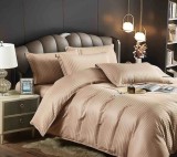 Lenjerie pat dublu cu 6 piese,damasc satinat,cearceaf cu elastic,dungi 1cm,bej-A1399