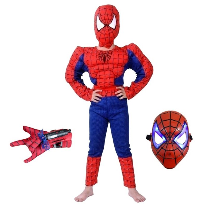 Set costum clasic Spiderman cu muschi, rosu, manusa ventuze si masca LED, 5-7 ani, 110-120 cm