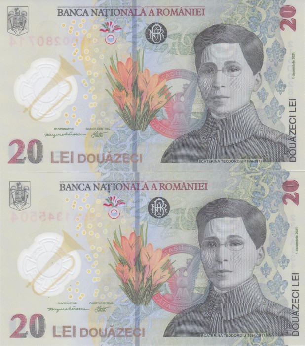 Bancnota Romania 20 lei 2021 si 2023 - PNew UNC ( set x2 polimer ambele date - vezi descriere )
