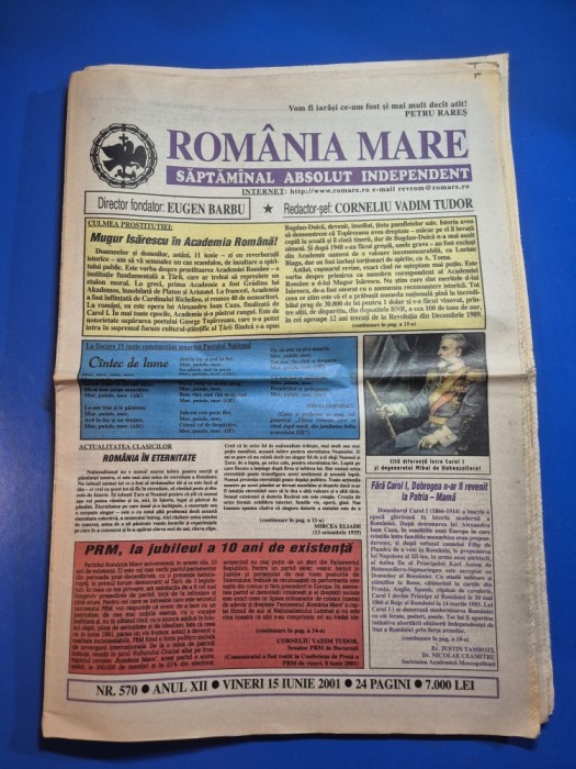 ziarul romania mare 15 iunie 2001 - redactor sef corneliu vadim tudor