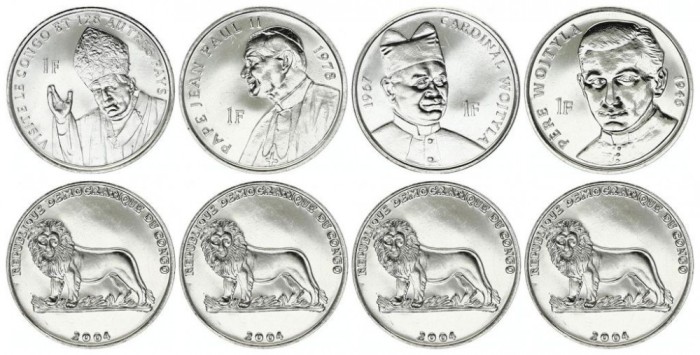 Congo 2004 - 1 franc, Papa Ioan Paul II, set 4 monede UN