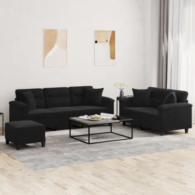 vidaXL Set de canapele cu perne, 3 piese, negru, microfibră foto
