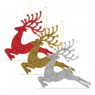 Ornament de Crăciun - Glitter Reindeer - 12 cm - roșu/auriu/argintiu - 4 buc / pachet foto