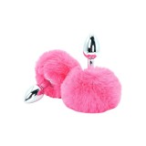 Plug anal TOYJOY Enchanting Bunnytail, din aluminiu, cu bază &icirc;n formă de coadă de iepuraș, lungime 7 cm, diametru 2.6 cm, culoare roz