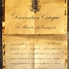 P.316 BELGIA BREVET MEDALIE DECORATION CIVIQUE LE MINISTRE DES TRANSPORTS 1934