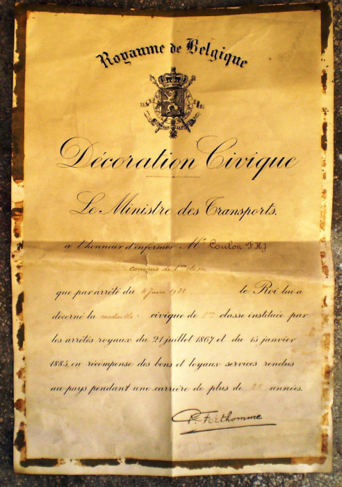 P.316 BELGIA BREVET MEDALIE DECORATION CIVIQUE LE MINISTRE DES TRANSPORTS 1934