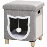 PawHut Căsuță pentru Pisici cu Covor de Zg&acirc;riat, Pernă și Bilă, 35.5x35.5x42.5 cm, Crem și Gri | Aosom Romania