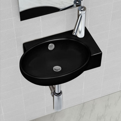 Chiuvetă baie orificiu robinet/preaplin, negru, ceramică, rotund foto