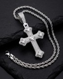 Set Lant Rasucit Argintiu si Pandantiv Cruce Gotica Mare cu Zirconiu Inox
