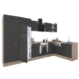 Mobilă de bucătărie de colț Yorki 340, corp din stejar sonoma, față antracit satinat, element cuptor inferior, dulap cu rafturi, frigider congelator s