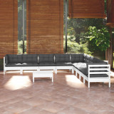 VidaXL Set mobilier grădină cu perne, 10 piese, alb, lemn masiv pin