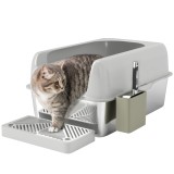 PawHut Litieră pentru Pisici din Oțel Inoxidabil cu Lopățică Metalică, Covoraș și Margini &Icirc;nalte, 60x41x29 cm, Gri | Aosom Romania