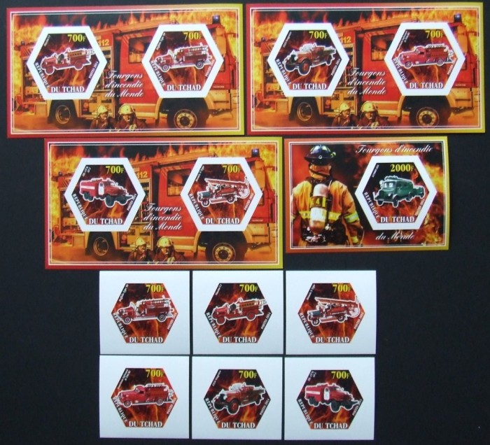 R.DU TCHAD-MASINI DE POMPIERI-SET 6 V.+4 S/Sh.NEOBLITERATE-NEDANTELATE-MNH** - EP 085