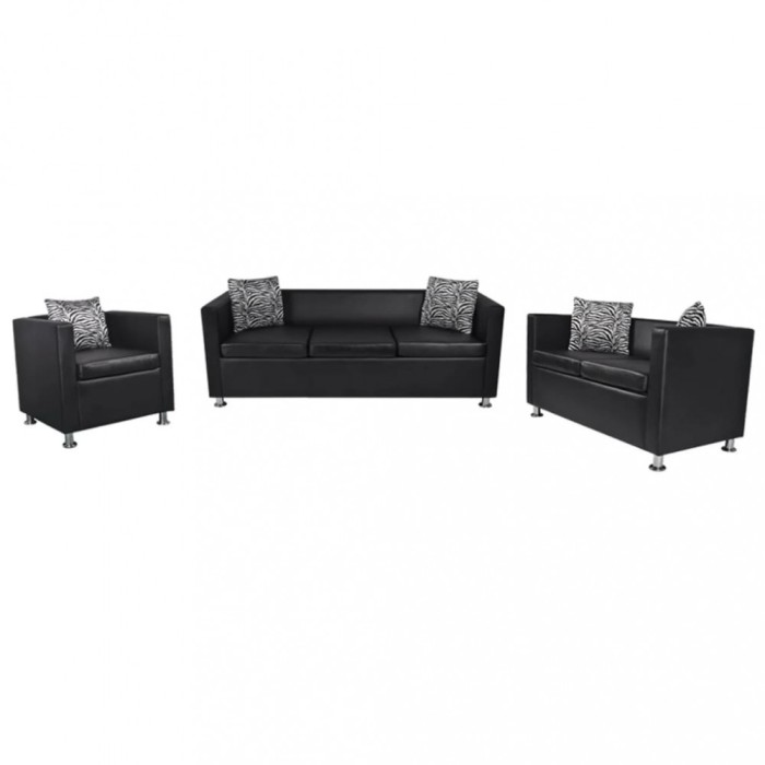 Set canapele 3 și 2 locuri și fotoliu, negru, piele artificială