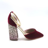 Pantofi din catifea grena cu toc gros imbracat in glitter Glam