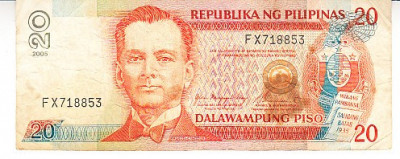 M1 - Bancnota foarte veche - Filipine / Pilipinas - 20 piso - 2005 foto