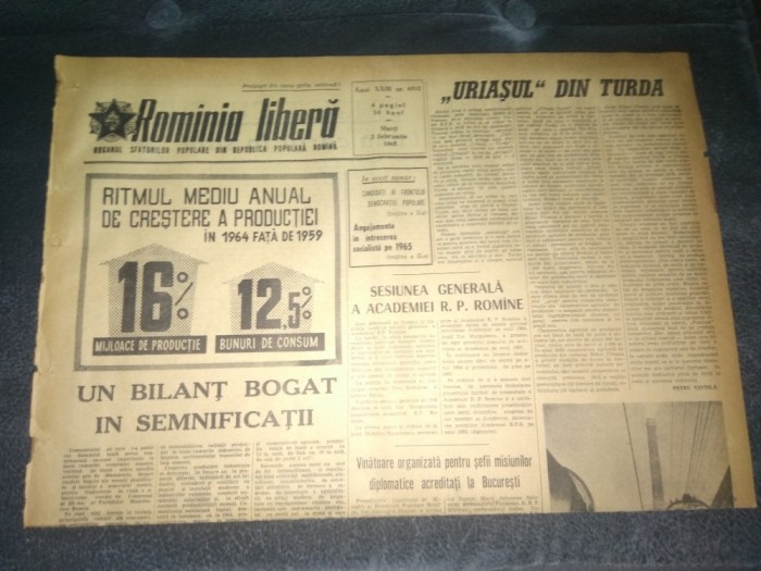 ZIARUL ROMANIA LIBERA 2 FEBRUARIE 1965