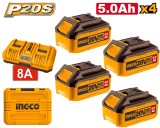 Cumpara ieftin Set baterii 20V 5.0Ah (4 buc) cu incarcator dublu 4A+4A, pentru scule P20S, acumulator INGCO FBCLI20285