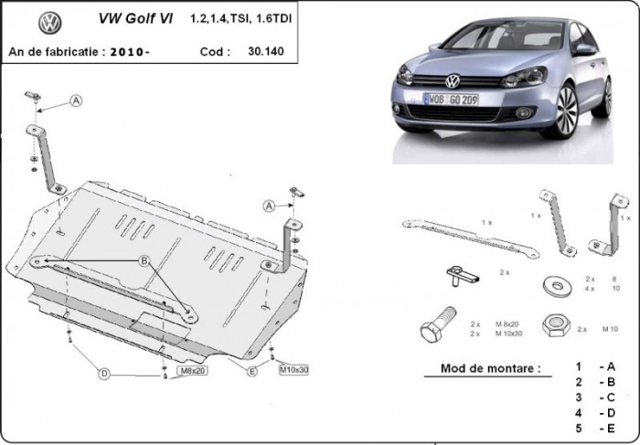 Scut motor metalic VW Golf 6 1.2Tsi, 1.4Tsi, 1.6Tdi 2008-2013