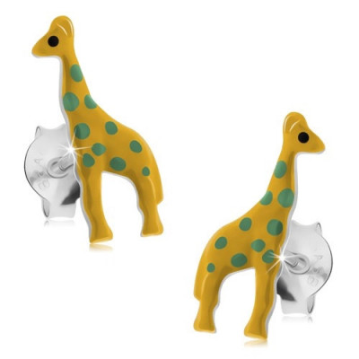 Cercei cu șurub, argint 925, girafă galbenă cu buline verzi foto