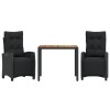 Set mobilier de gradina cu perne, 3 piese, negru, poliratan