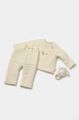 Set bluza dublata si pantaloni, Winter muselin, 100% bumbac - Stone, BabyCosy (Marime: 18-24 Luni) foto