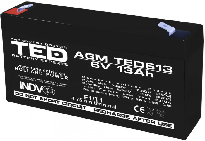 Acumulator 6V Stationar VRLA, Dimensiuni 151 x 50 x 95 mm, Baterie 6V 13Ah F1, TED Electric