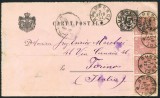 1892 , CP 29 b , Carte Postala ( comert filatelie ) trimisa in ITALIA francata suplimentar cu 4 marci cifra in 4 colturi 1 1/2 BANI