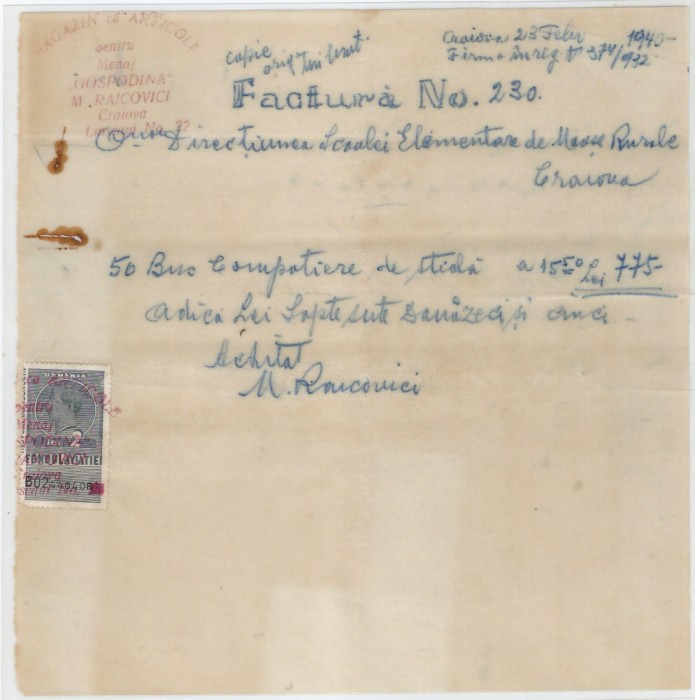 Romania, Magazin pentru articole de menaj Gospodaria, Factura, copie, Craiova, 1940