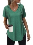 Tricou cu glugă de vară pentru femei, m&acirc;neci scurte, decolteu &icirc;n V, cu șnur &ndash; Verde M