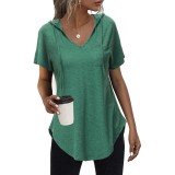 Tricou cu glugă de vară pentru femei, m&acirc;neci scurte, decolteu &icirc;n V, cu șnur &ndash; Verde M