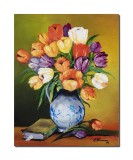 Cumpara ieftin Tablou pictat manual living, dormitor, Vaza cu lalele si carte, 50x40cm ulei pe panza, gata de agatat pe perete