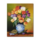 Tablou pictat manual living, dormitor, Vaza cu lalele si carte, 50x40cm ulei pe panza, gata de agatat pe perete
