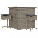 Set mobilier bar de gradina, cu perne, 3 piese, gri, poliratan