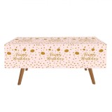 Față de Masă Petrecere, Model Happy Birthday, Culoare Roz și Auriu, Dimensiuni 180x120cm, Material Plastic, Oem